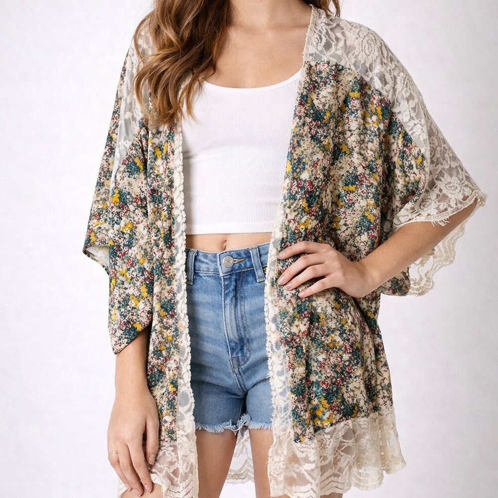 Taylor‎ & Sage Floral Lace Kimono Cardigan | Boho Layering | Size M